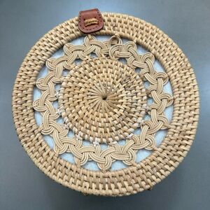 Round Woven Rattan Bag with Leather Accent